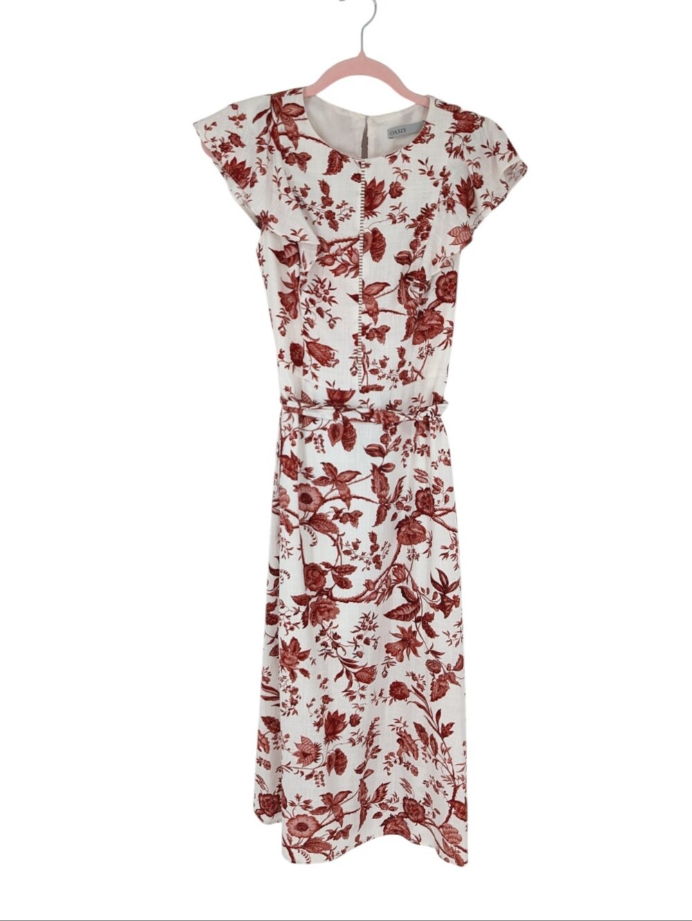 Oasis Floral Linen-Blend Flutter-Sleeve Midi Dress UK 6 US Size 2 White Dark Red